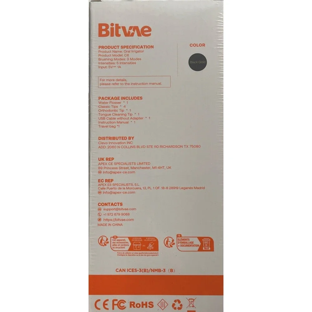 Bitvae C6 Water Dental Flosser Cordless Oral Irrigator Portable Travel Black New